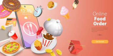 3D Vector Conceptual Illustration of Online Food Order, Restaurant Fast Free Delivery