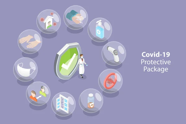 Isometric Flat Vector Conceptual Illustration Covid Protective Package Precautions Coronavirus — Stock vektor