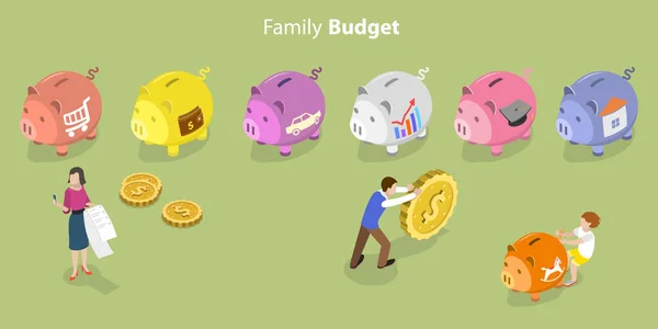 Isometric Flat Vector Conceptual Illustration Family Budget Personal Finance Planning — Vetor de Stock