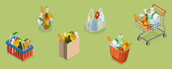 Isometric Flat Vector Conceptual Illustration Shopping Bags Different Grocery Sets — Archivo Imágenes Vectoriales
