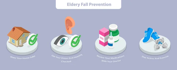 Isometric Flat Vector Conceptual Illustration Elderly Fall Prevention Healthy Lifestyle — Stockvector