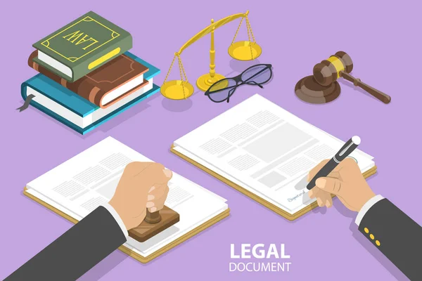 Isometric Flat Vector Conceptual Illustration Legal Document Agreement Signing — Vettoriale Stock