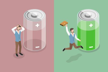 3D Isometric Flat Vector Conceptual Illustration of Energetic And Tired Businessman, Professional Burnout Syndrome