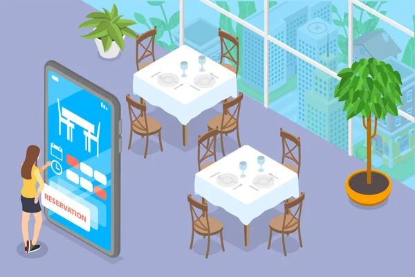 Isometric Flat Vector Conceptual Illustration Restaurant Online Reservation Mobile Booking — Archivo Imágenes Vectoriales