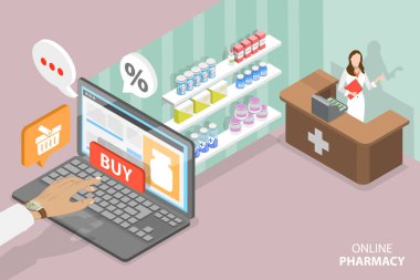 3D Isometric Flat Vlat Vector Dijital Eczane Dükkanı Kavramsal İllüstrasyonu, Çevrimiçi Reçete Teslimatı