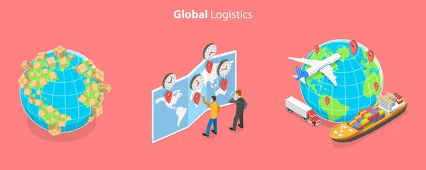 Isometryczne Płaski Wektor Koncepcyjny Ilustracja Globalnej Logistyki Transport Żegluga Dostawy — Wektor stockowy