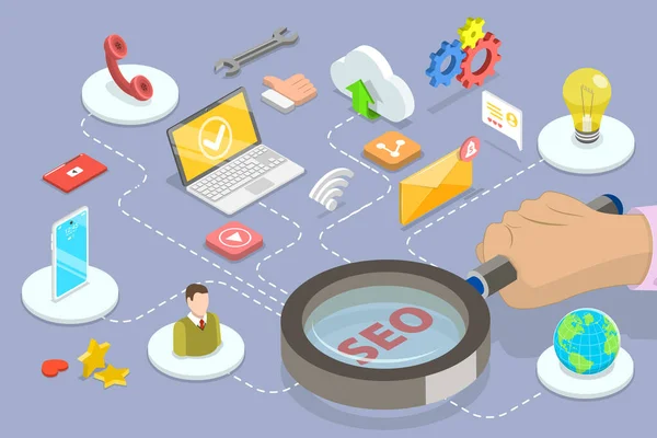 Isometric Flat Vector Conceptual Illustration Seo Optimization Web Analytics Search — Wektor stockowy