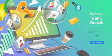 Web Sitesi Trafik Büyümesinin 3 boyutlu Vektör Kavramsal İllüstrasyonu, SEO Yükseltme, Arama Motoru İyimserleştirmesi