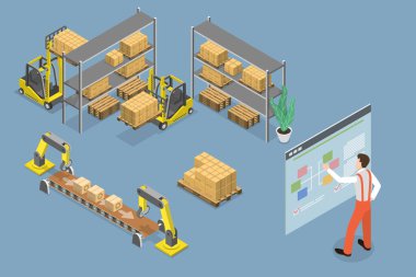 3D Isometric Düz Vektör Depo Otomatikleştirme, Lojistik ve Dağıtımının Kavramsal İllüstrasyonu