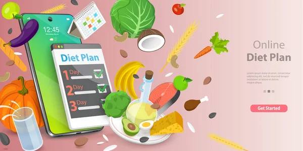 オンラインダイエット計画の3Dベクトル概念イラスト フィットネス栄養アプリ — ストックベクタ