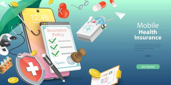 モバイル健康保険の3Dベクトル概念図 オンラインポリシー文書 — ストックベクタ