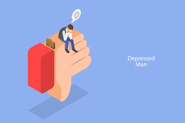 Ilustración Conceptual Plana Isométrica Del Hombre Deprimido Estrés Mental Dolor — Vector de stock