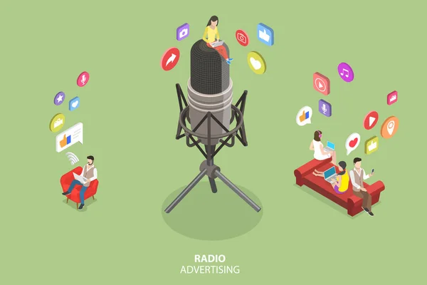 Isometric Flat Vector Conceptual Illustration Radio Advertising Marketing Campaign — 스톡 벡터