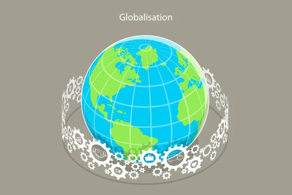 Isometrische Platte Vectoren Conceptuele Illustratie Van Globalisering Wereldwijde Samenwerking Tussen — Stockvector
