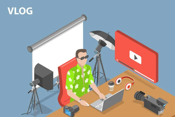 Ισομετρική Επίπεδη Διανυσματική Εννοιολογική Απεικόνιση Του Vlogging Ψηφιακή Διαφήμιση Βίντεο — Διανυσματικό Αρχείο