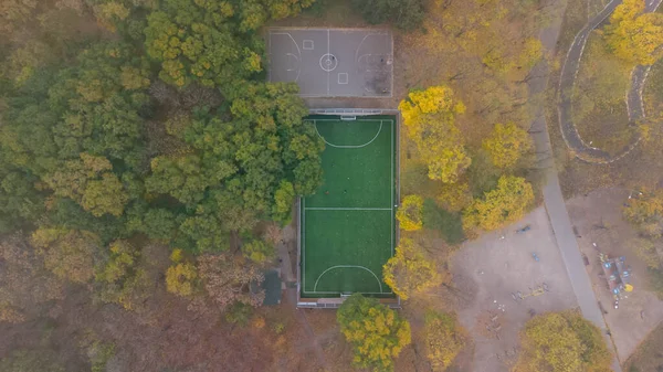 Voetbalveld Met Groen Gras Basketbalveld Het Stadspark Herfst Bladeren Vallen — Stockfoto
