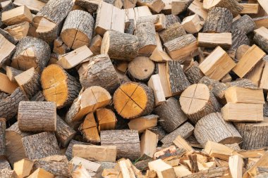 Dry sawn logs for firewood in a pile outdoors. Creative vintage background