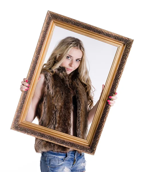 Blonde girl holding a frame — Stock Photo, Image