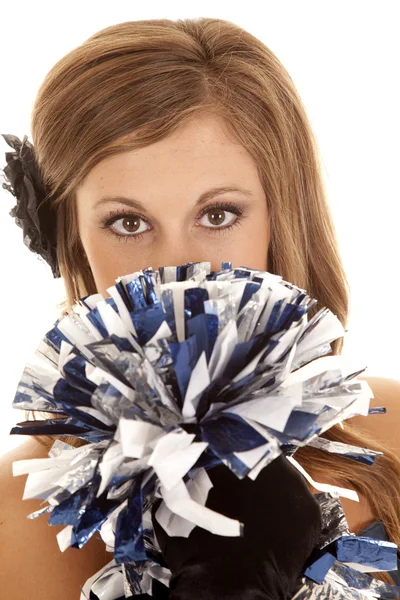 Girl peek over pom pom — Stock Photo, Image