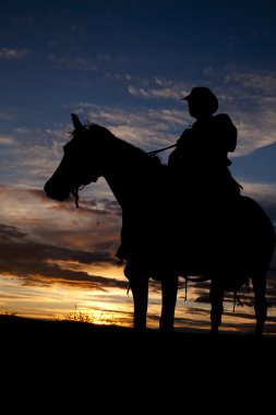 Cowboy sitting on horse in sunset