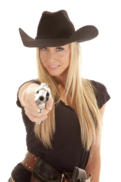 Cowgril punto pistola sorriso — Foto Stock