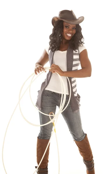 Cowgirl smile holding rope — Stock Photo, Image