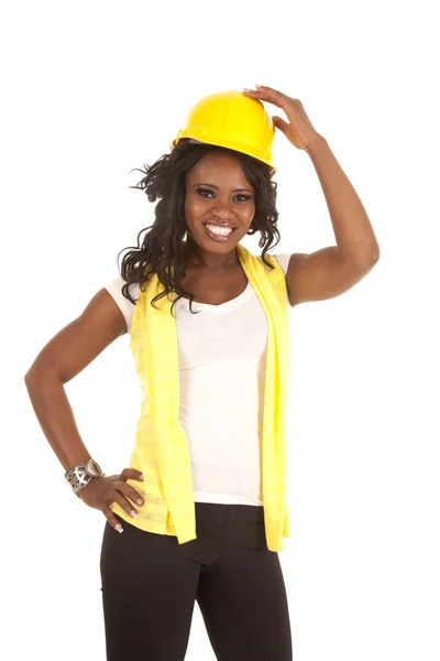 Woman yellow hard hat hand — Stock Photo, Image