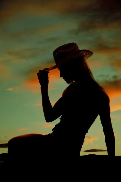 Cowgirl hold hat silhouette sit — Stock Photo, Image