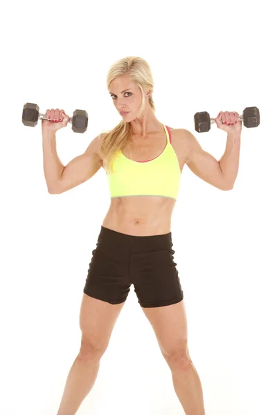 Fitness woman green sports bra weights up — Stock Photo, Image