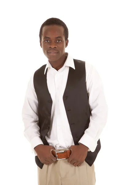 Man hold belt vest — Stock Photo, Image