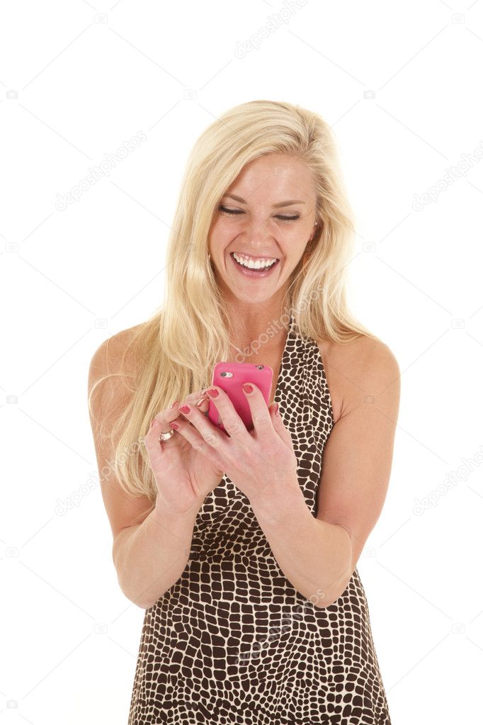 woman spotted dress text laugh