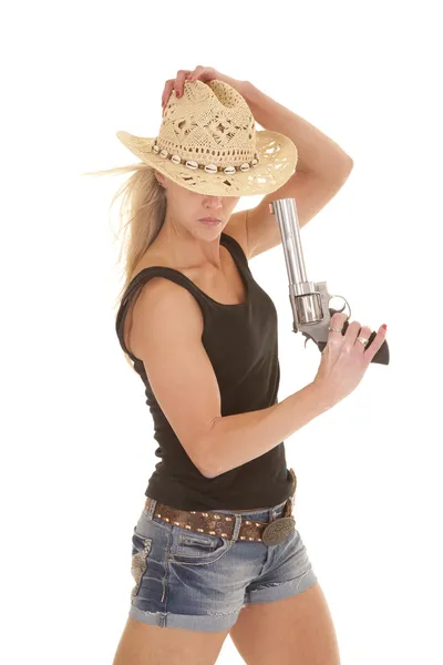 Cowgirl tank top hoofd naar beneden pistool — Stockfoto