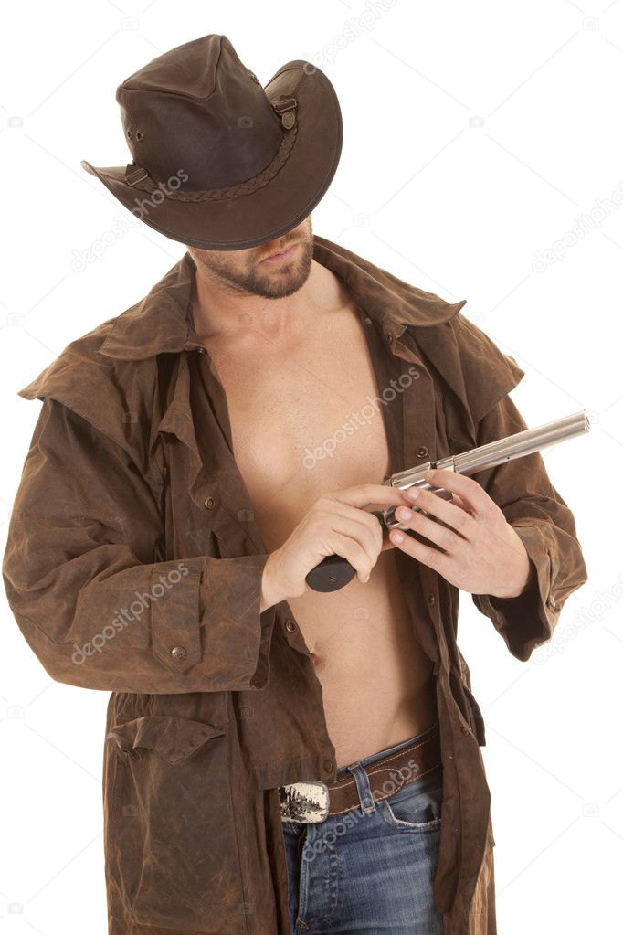 looking at pistol hat brown