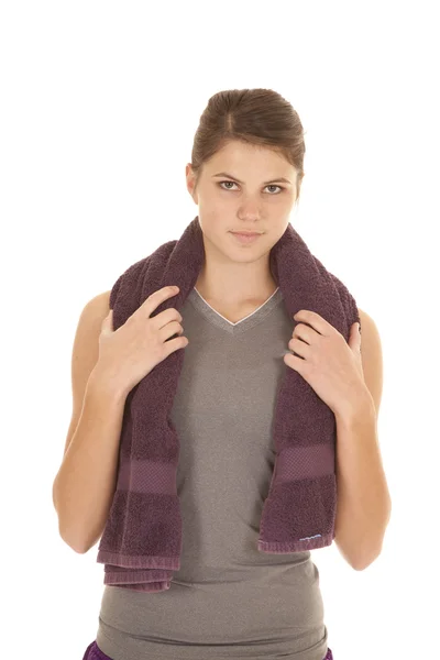 Towel over shoulder small smile — Stock Photo, Image