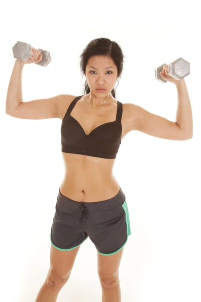 Asian woman black top weight up look — Stock Photo, Image