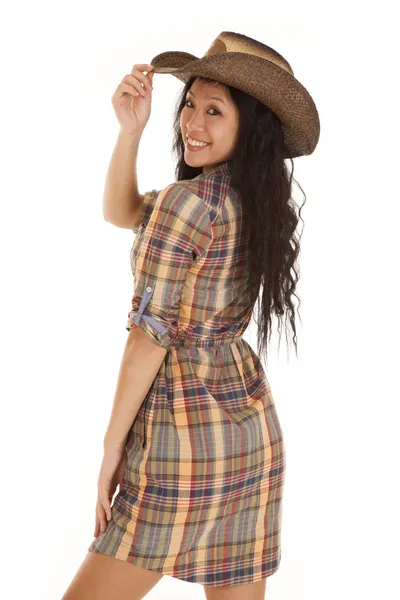 Femme asiatique plaid chapeau tactile à la recherche — Photo