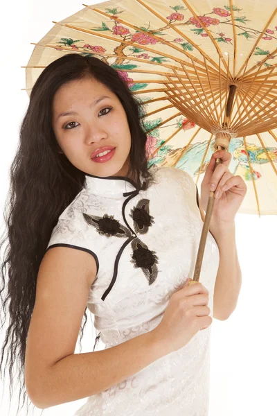 Asian woman white dress close looking umbrella — Stock Photo, Image