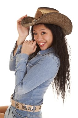 Asyalı kadın denim hat gülümseme