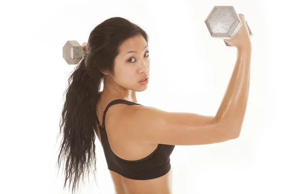 Asian woma fitness side weights up — Stock Photo, Image