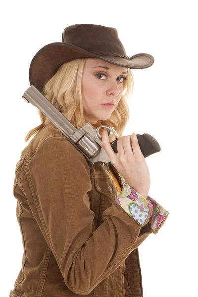 Woman gun shoulder serious — Stock Photo, Image