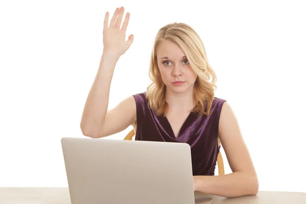 Woman purple raise hand computer — Stock Photo, Image