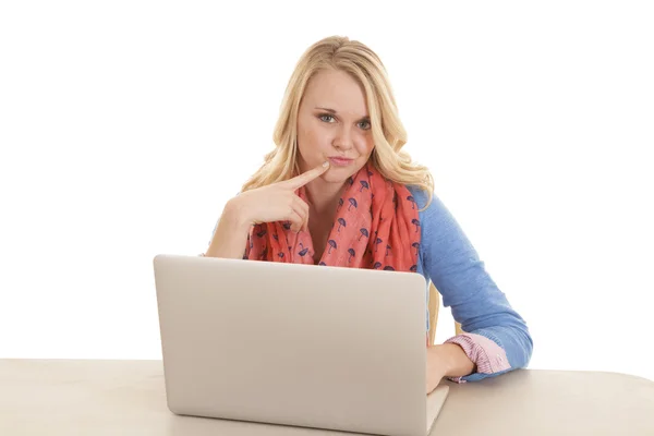 Woman scarf laptop thinking — Stock Photo, Image