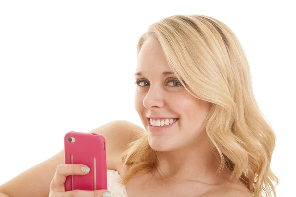 Blond med telefonen leende — Stockfoto