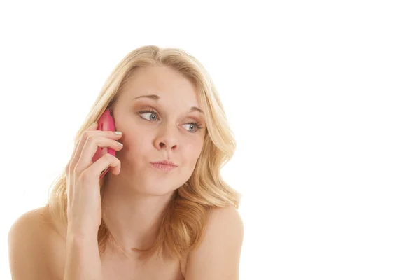 Blondýna s úšklebkem telefon — Stock fotografie
