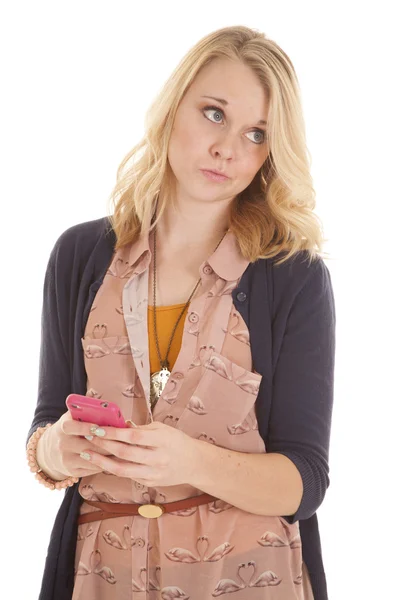 Woman looking side with phone text — Stock Photo, Image