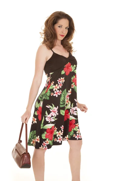 Woman flower dress purse down — Stock Photo, Image