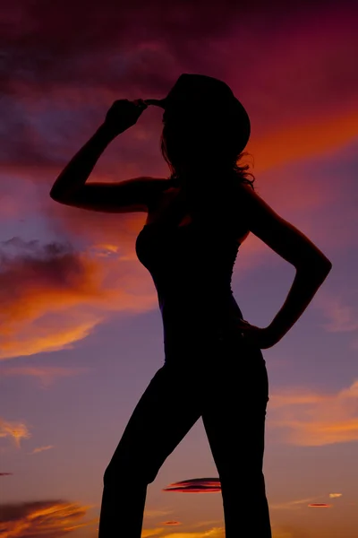 Western cowgirl silhouette sunset — Stock Photo, Image