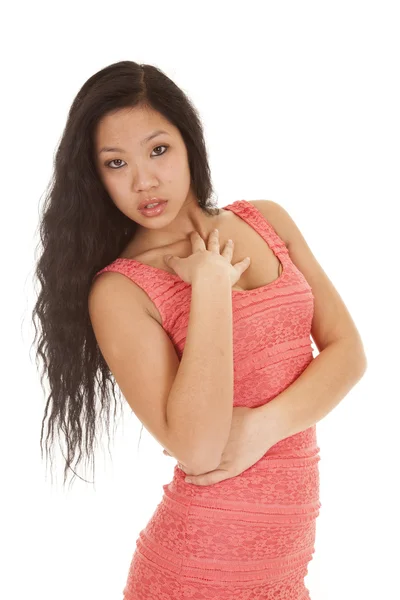 Asian woman dress looking hand up — Stock Photo, Image