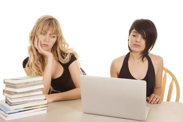 Dvě ženy počítačové knihy vážné — Stock fotografie