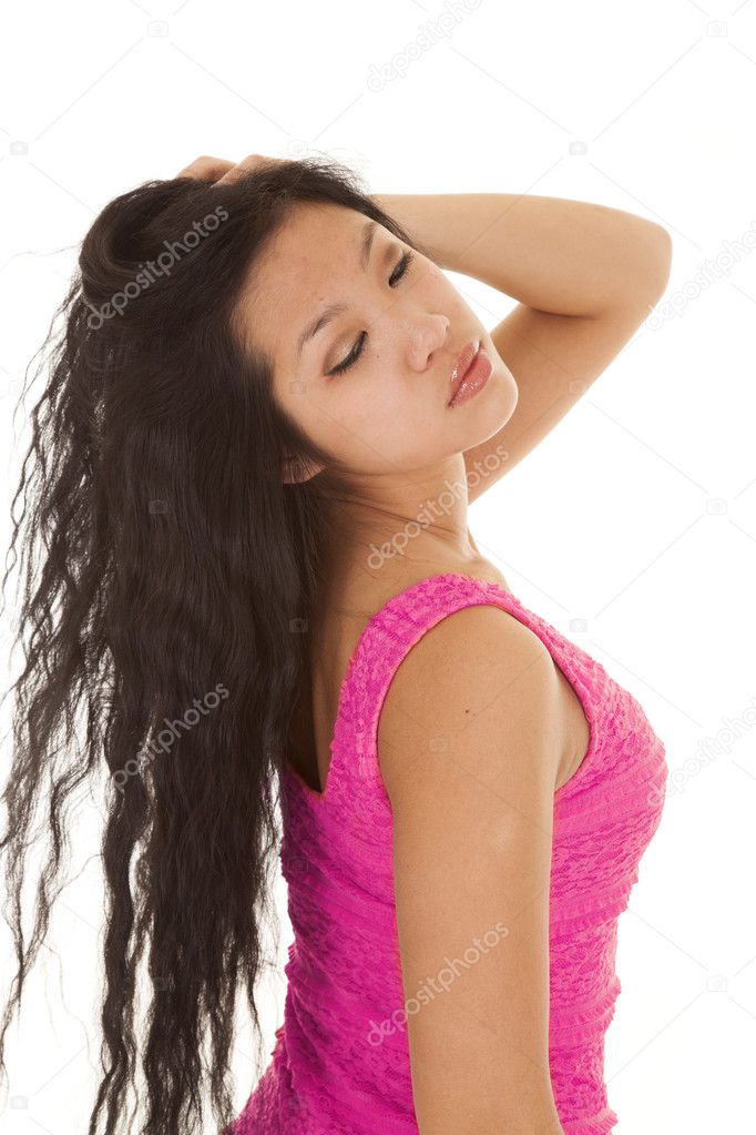 asian woman dress hair back eyes closed